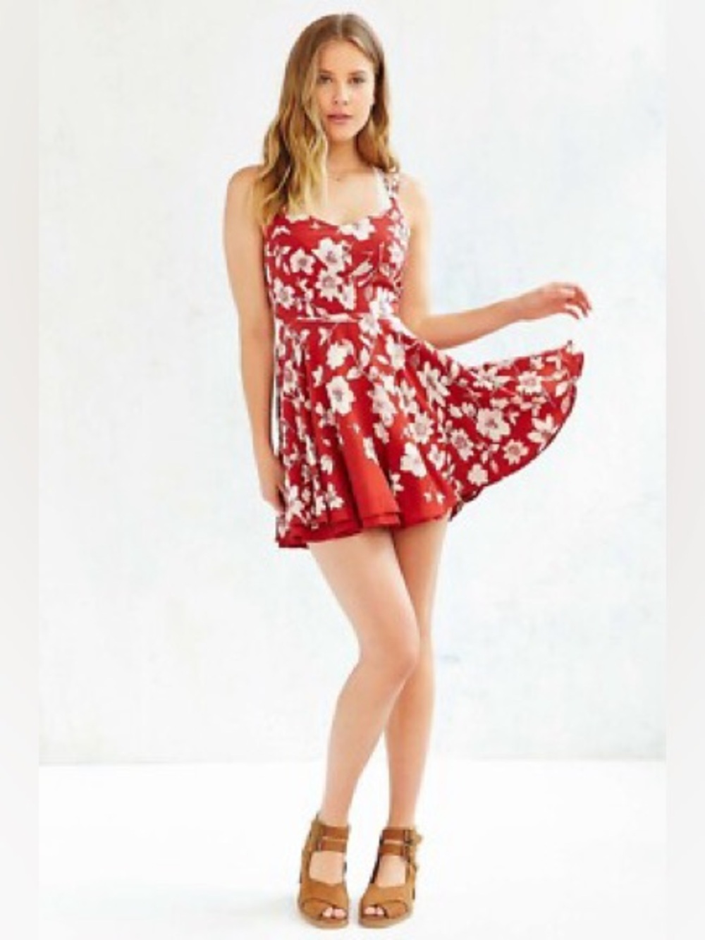 Kimchi Blue Urban Outfitters Red Floral Open Back Fit & Flare Mini Dress
